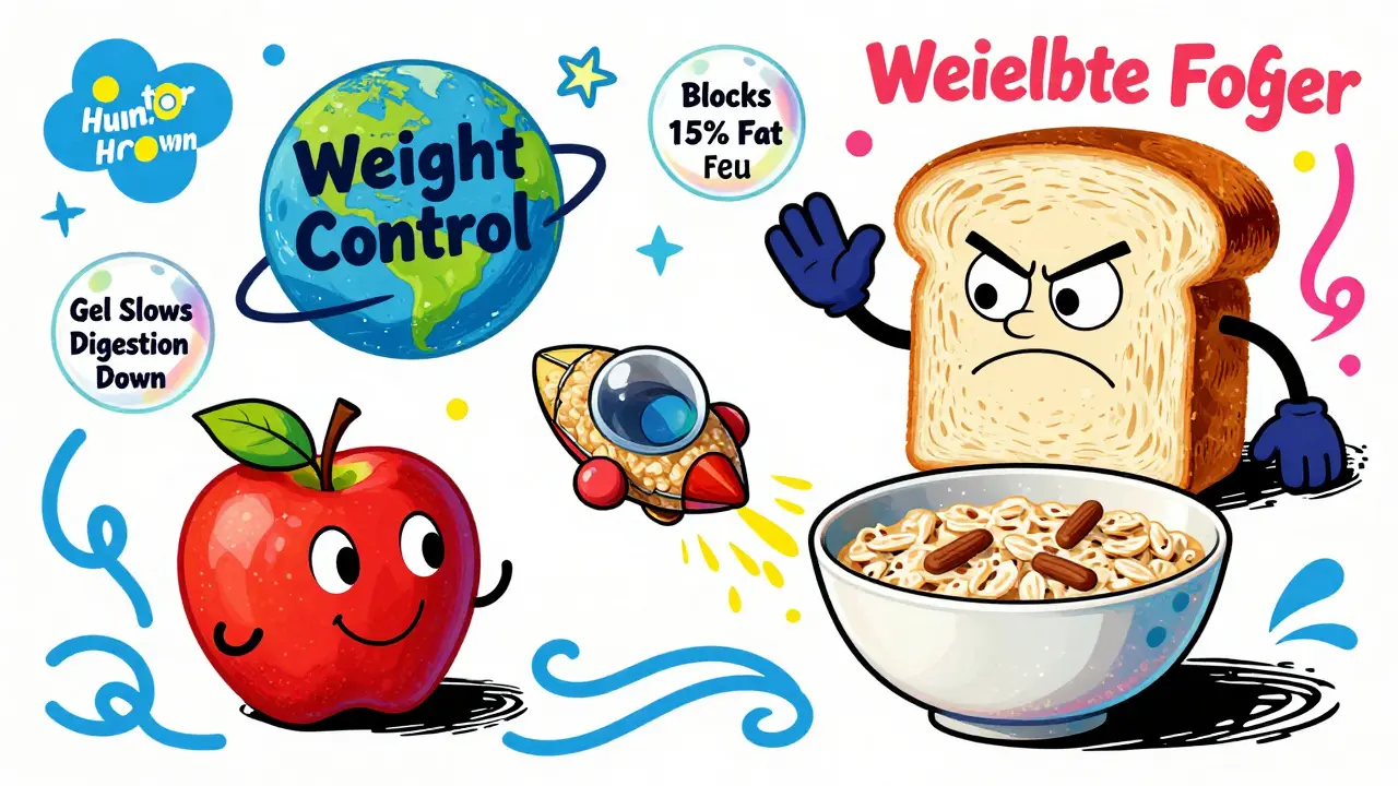 An apple and oatmeal launching a psyllium spaceship toward a weight control planet in vibrant cartoon style.