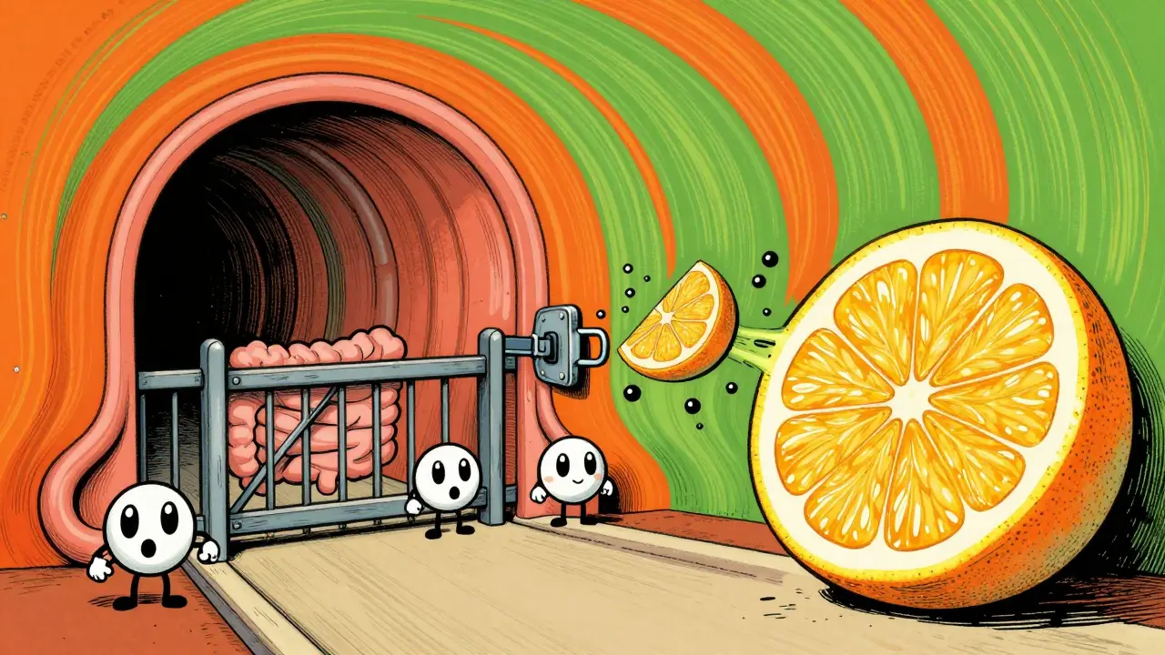 Artistic cross section of intestine with enzyme checkpoint blocked by fruit particles