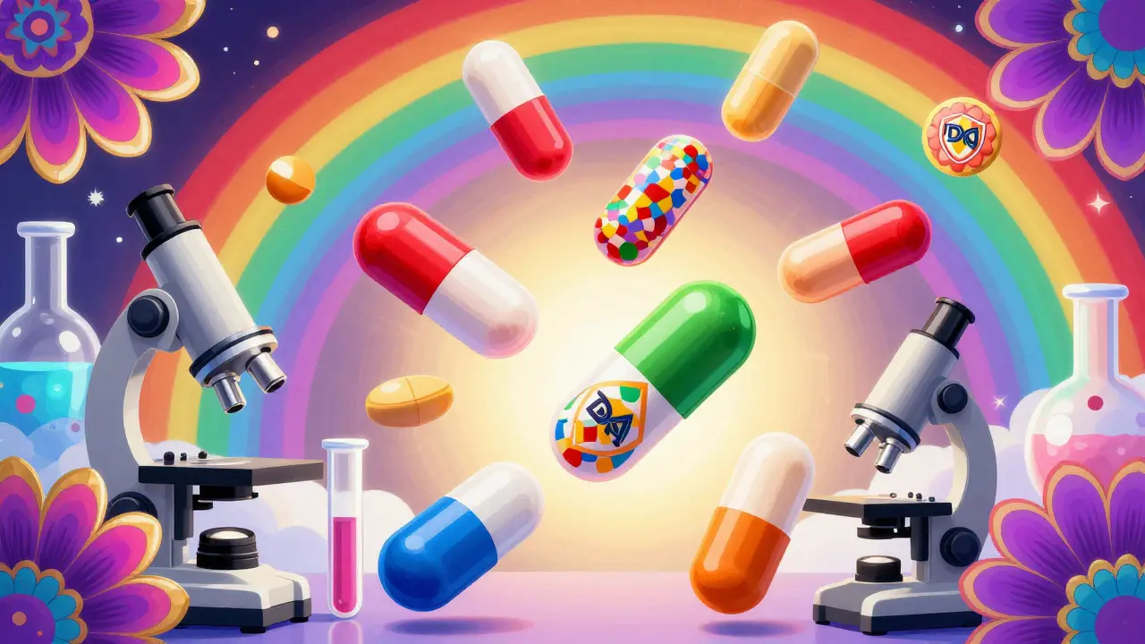 Colorful pills and laboratory equipment representing medication testing
