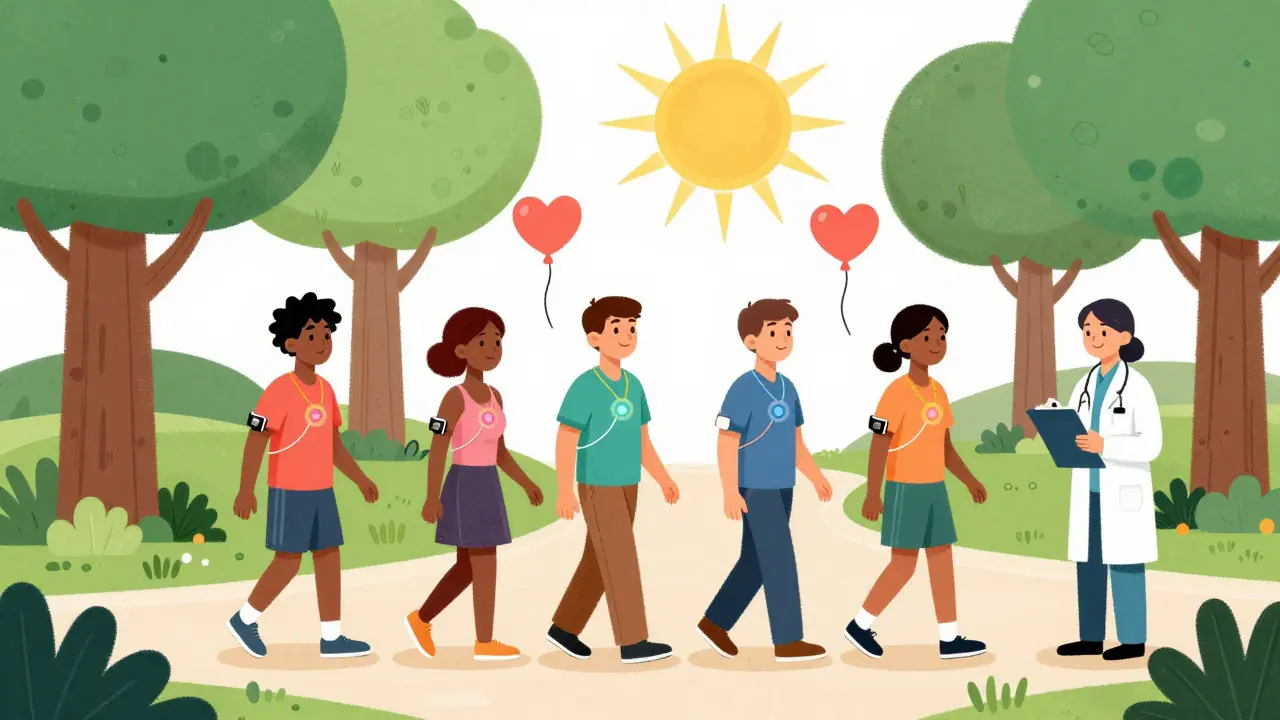 Diverse patients walking slowly in outpatient rehab, wearing wearable monitors with rainbow halos, therapist nearby.