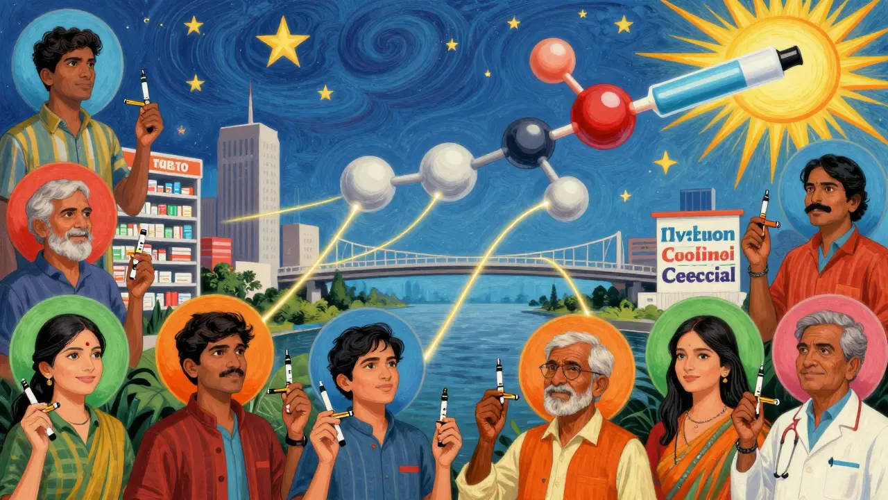 Diverse people connected by light threads, holding insulin pens, with symbols of affordable care spanning the U.S. and India.