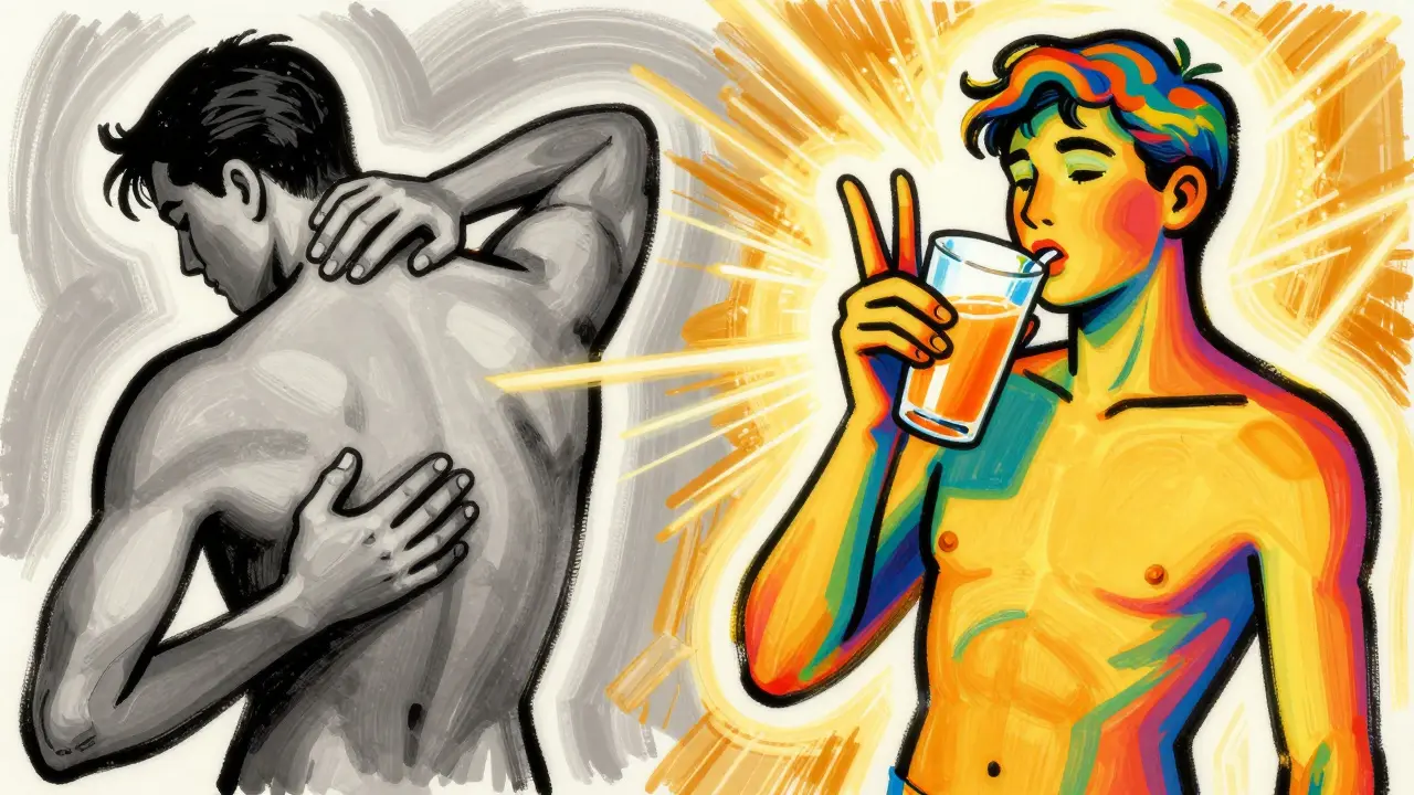 Figure holding back in pain versus another drinking orange juice safely