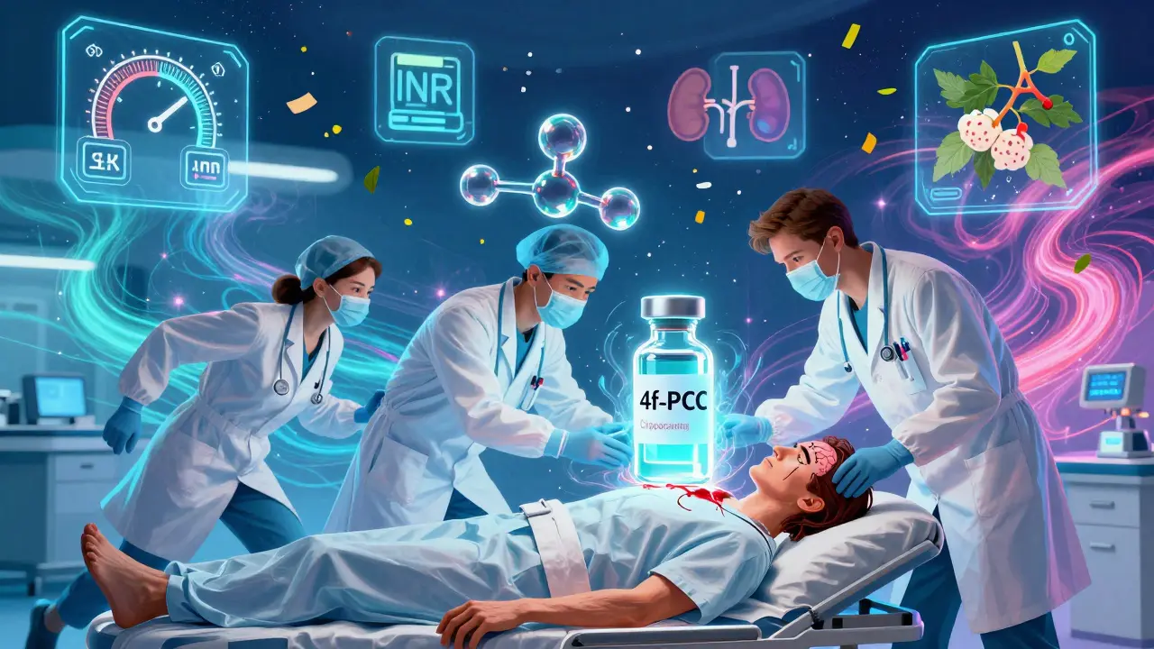Medical team administers reversal agent in ER as futuristic molecule hovers, with floating health icons in vibrant neon tones.