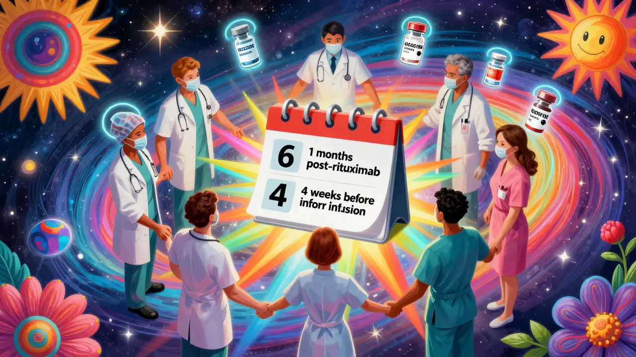 Medical team holding hands around a calendar with key vaccination dates, surrounded by glowing vaccine icons.