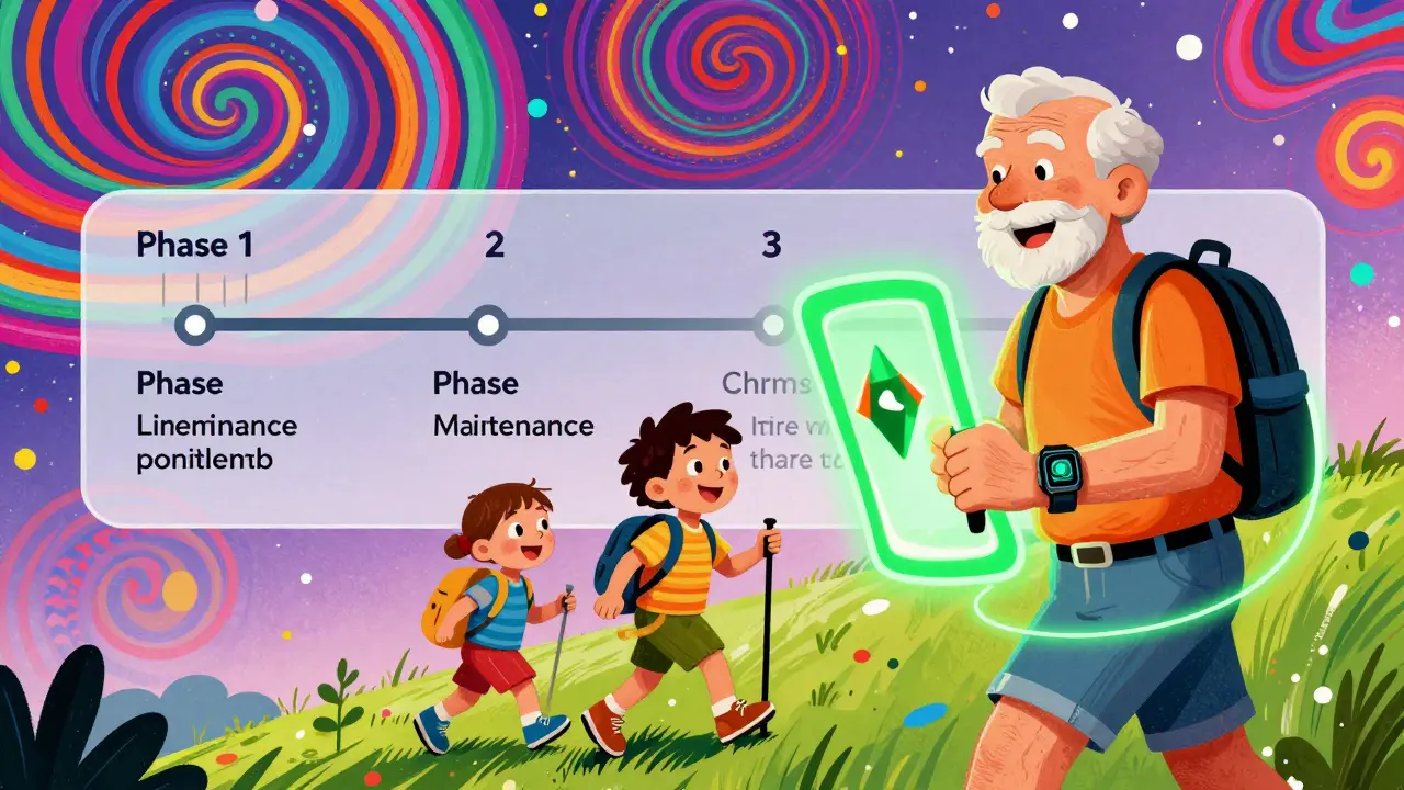 Older adult hiking with grandkids, smartwatch projecting safety zone, psychedelic patterns in sky symbolizing recovery.