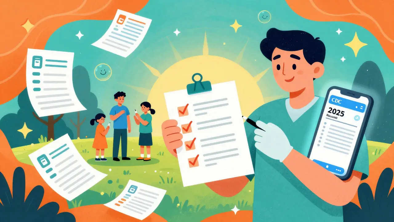 Patient holding a checklist with medical records and vaccine symbols floating around, family receiving vaccines in background.