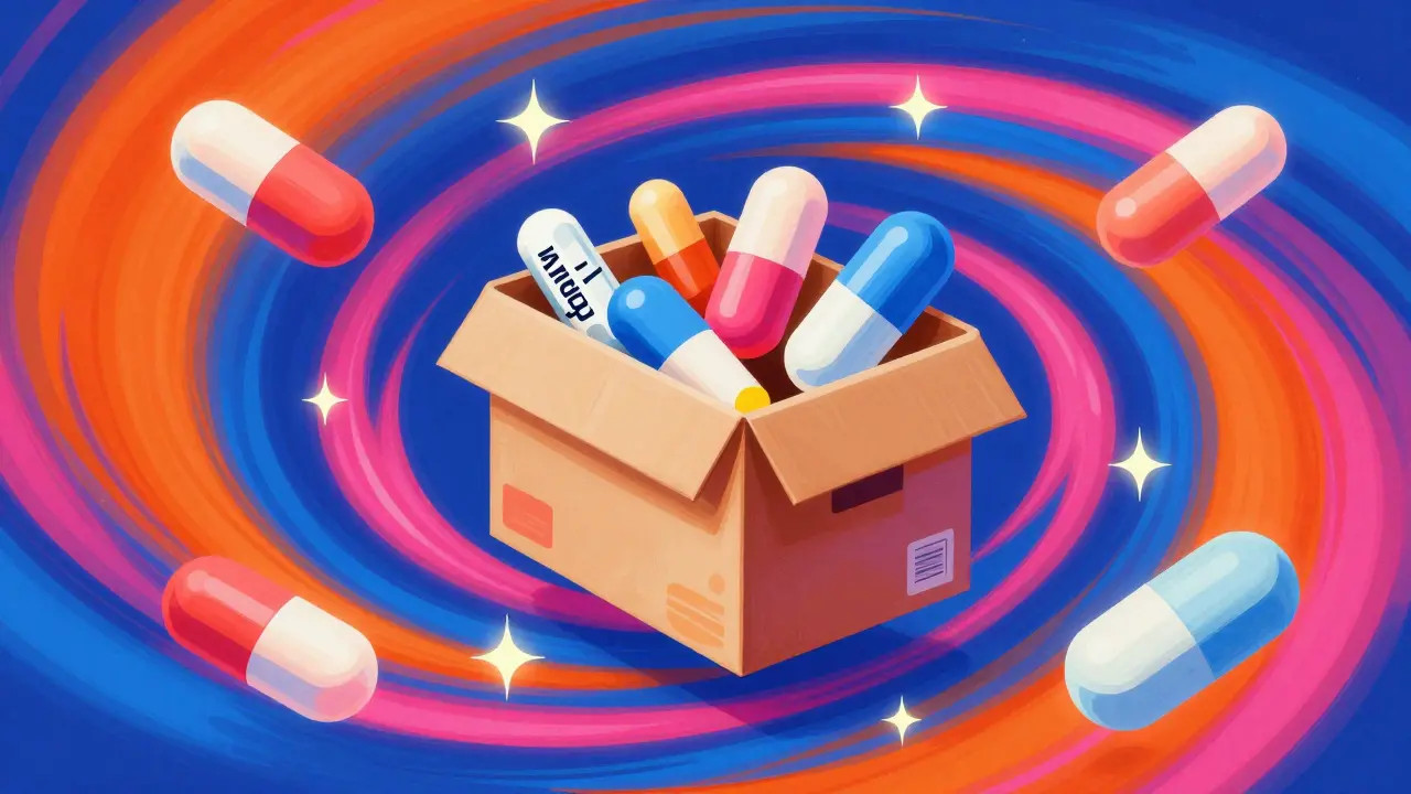 A colorful, cosmic representation of an online pharmacy delivery package