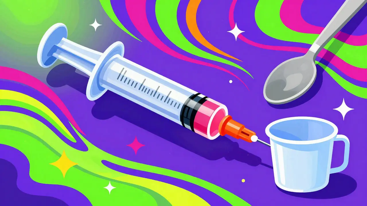 A medical syringe and dosing cup surrounded by colorful psychedelic swirls.