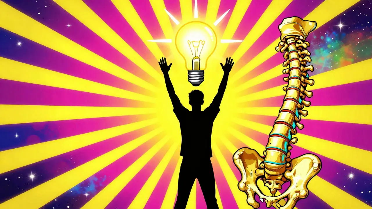 A silhouette with a glowing lightbulb and golden bones against a vibrant, colorful sunburst background.