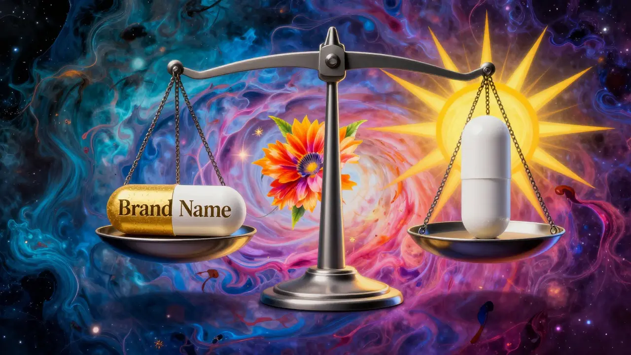 A stylized balance scale comparing a generic pill to a brand-name pill