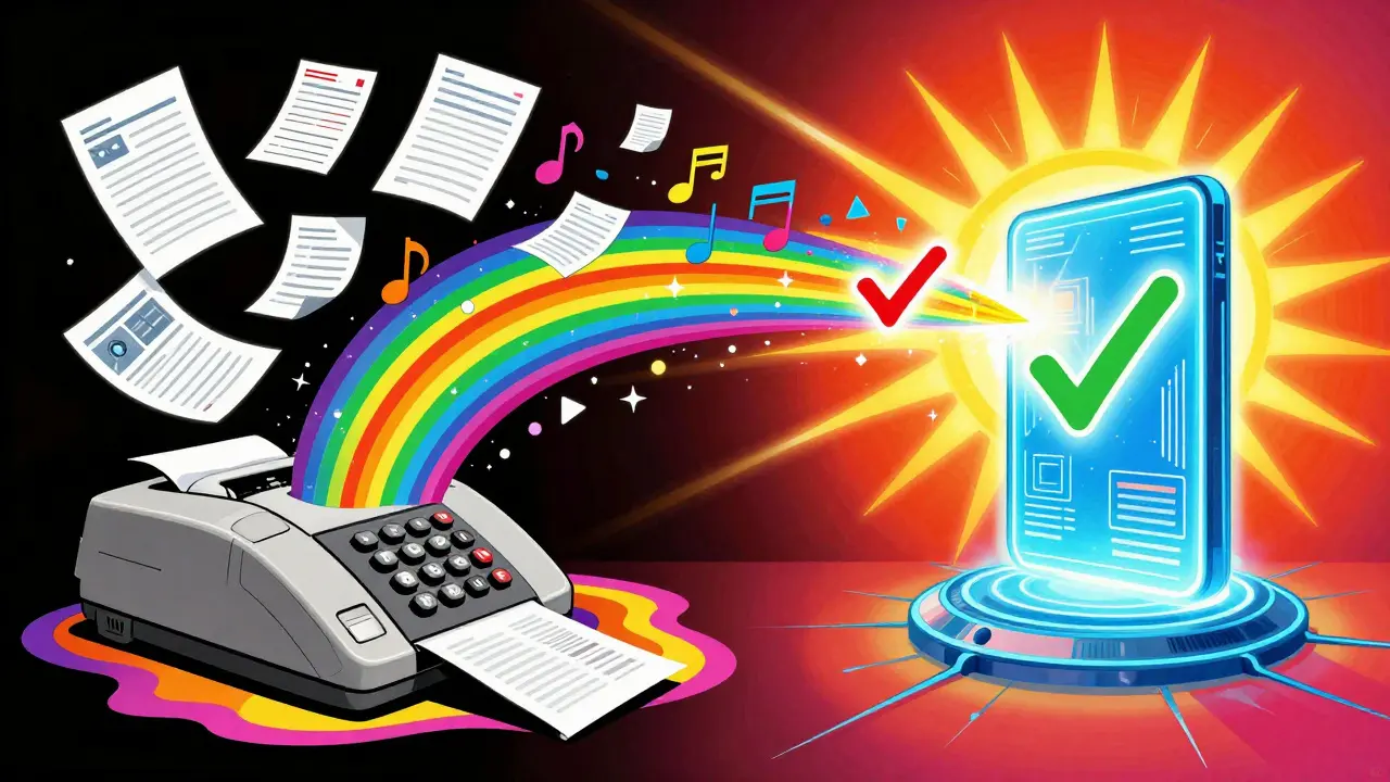 Colorful art showing a fax machine transforming into a glowing electronic approval portal.
