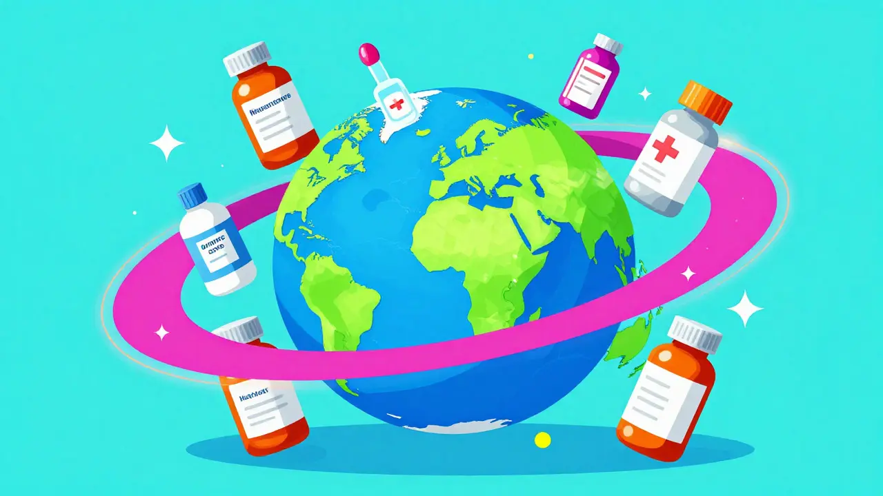 Colorful cosmic illustration of a globe surrounded by medicine bottles and neon ribbons.