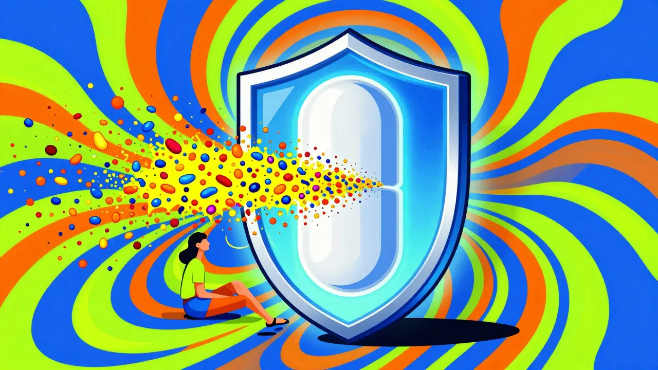Colorful illustration of a giant medicine tablet acting as a protective shield against pollen.