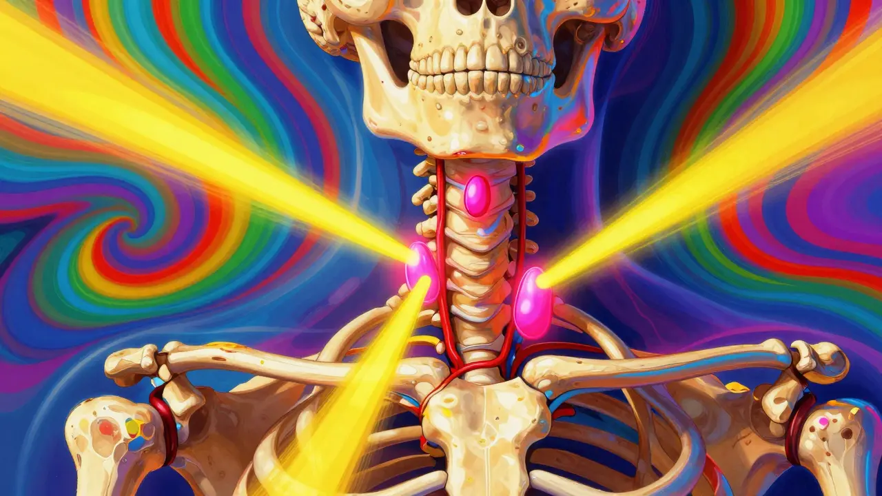 Colorful illustration of parathyroid glands in the neck releasing calcium from bones in a psychedelic style.