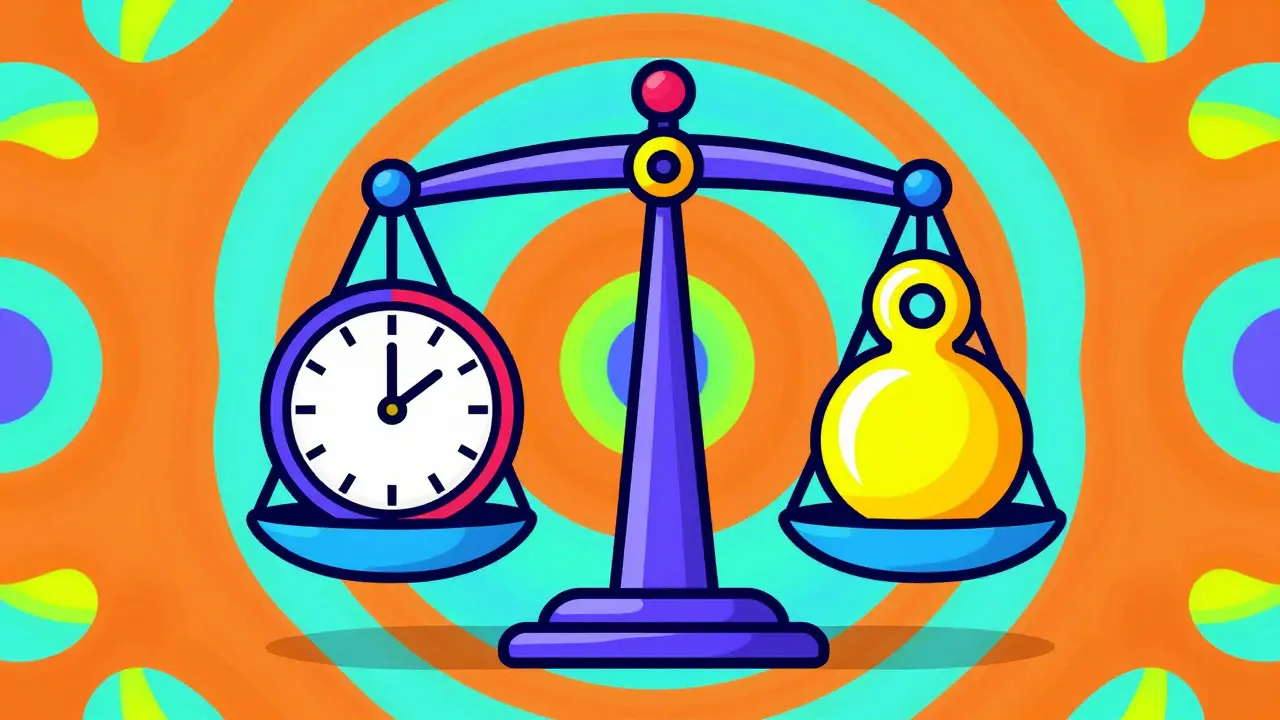 Stylized scale comparing a clock and a weight in a vibrant pop-art style.