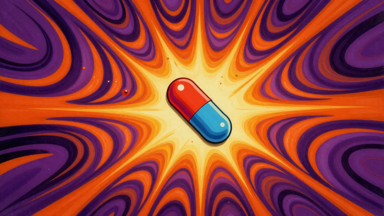 Surreal kaleidoscopic art showing a tiny pill causing an explosive colorful reaction.