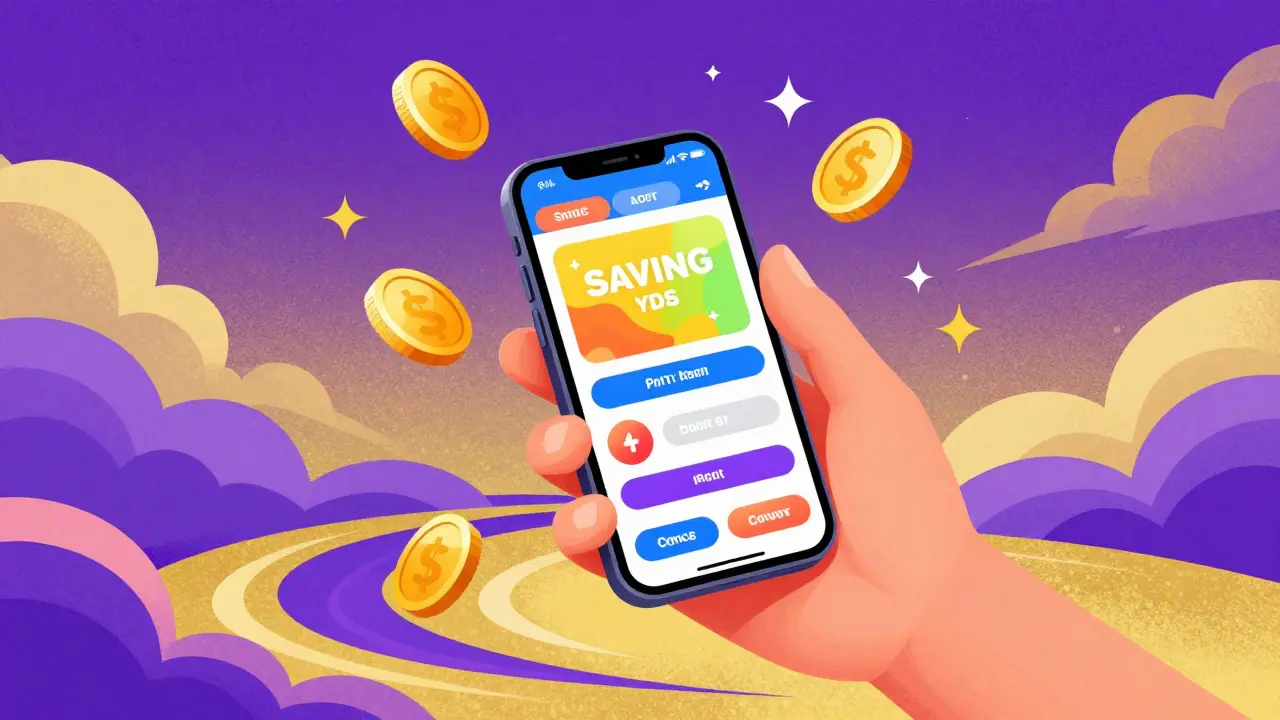 Vibrant artwork of a hand using a smartphone for shopping surrounded by cosmic stars and coins.