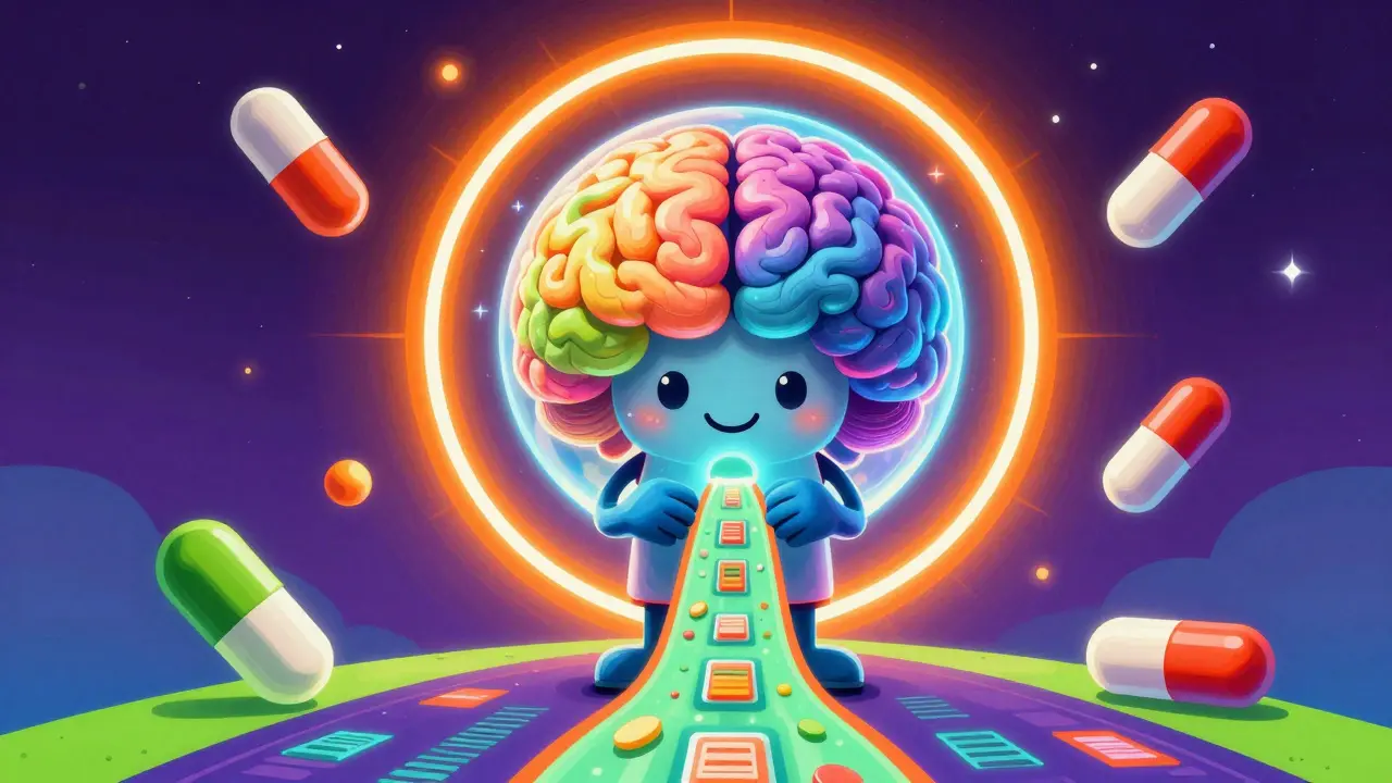 Vibrant cosmic illustration of an AI entity processing medical data for fast drug approvals.