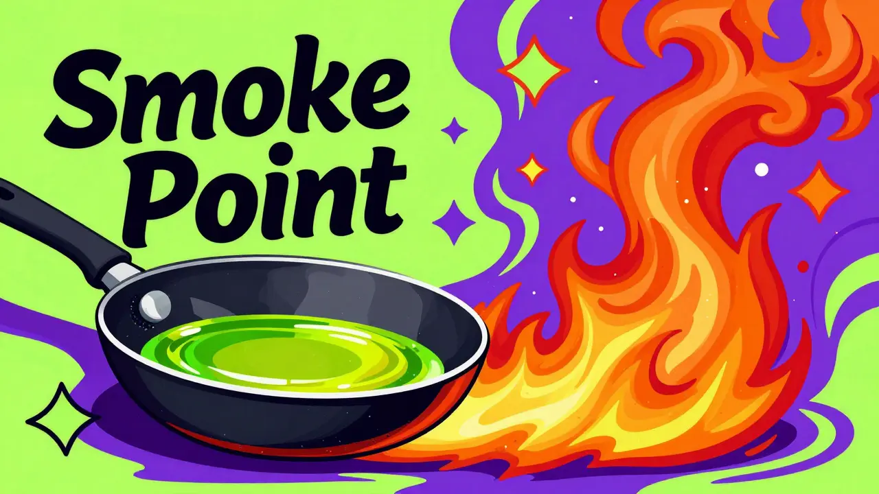 Vibrant illustration of a frying pan with colorful smoke representing the oil smoke point.