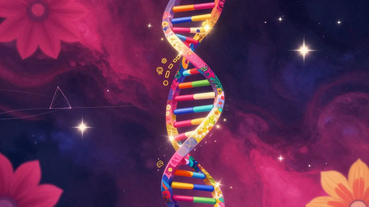 Vibrant neon DNA helix spiraling among cosmic stars and bright patterns.