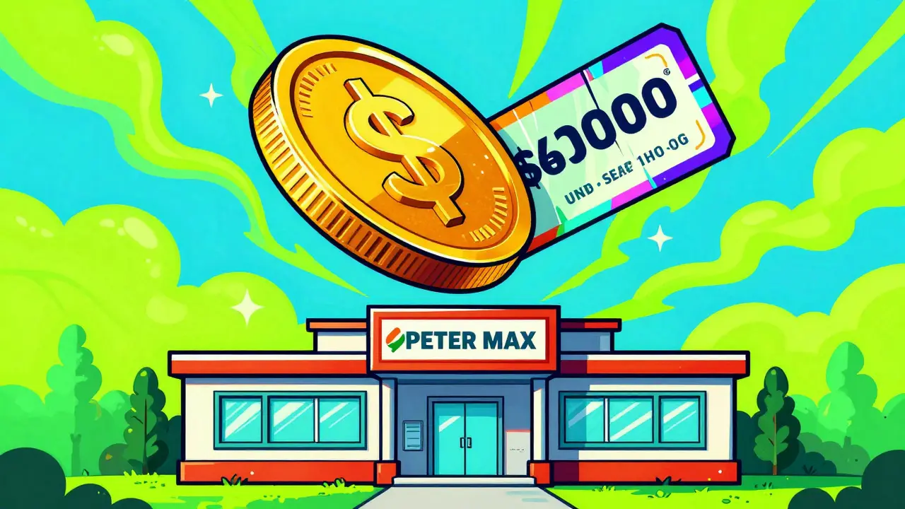 Vibrant Peter Max style artwork featuring a golden coin and a digital coupon over a pharmacy.